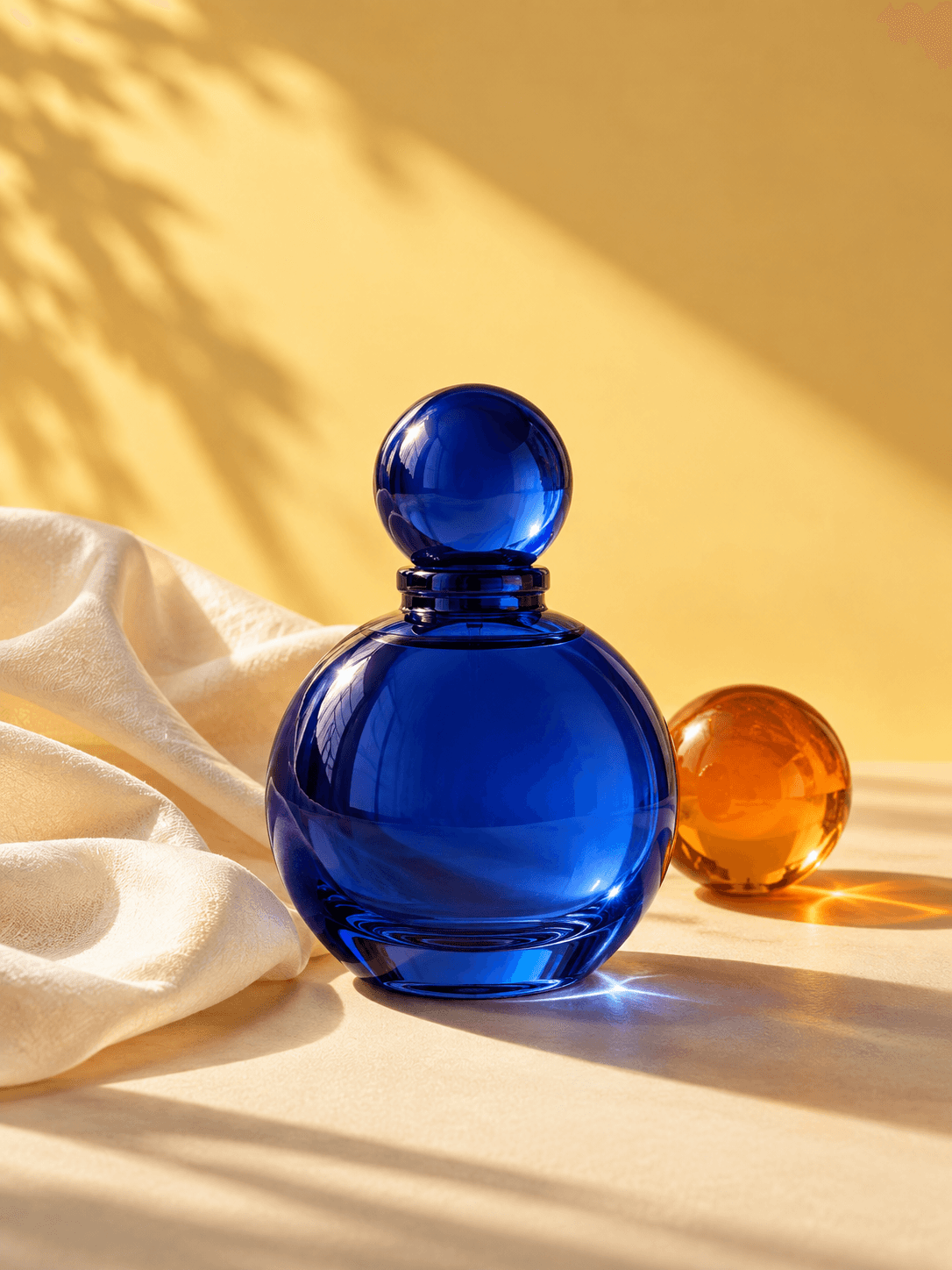 Étude originale : flacon bleu cobalt, lumière dorée et verre orange